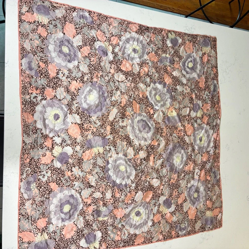 Vtg Oscar de la Renta Scarf Peach Purple Japanese Silk Floral Designer Cottage